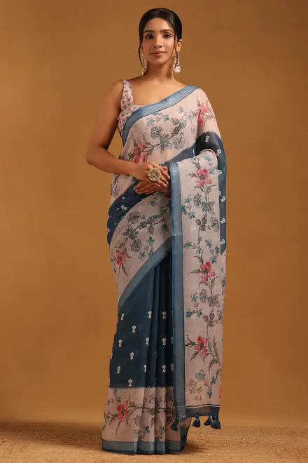 Blue Linen Botanical Saree With Machine Embroidery